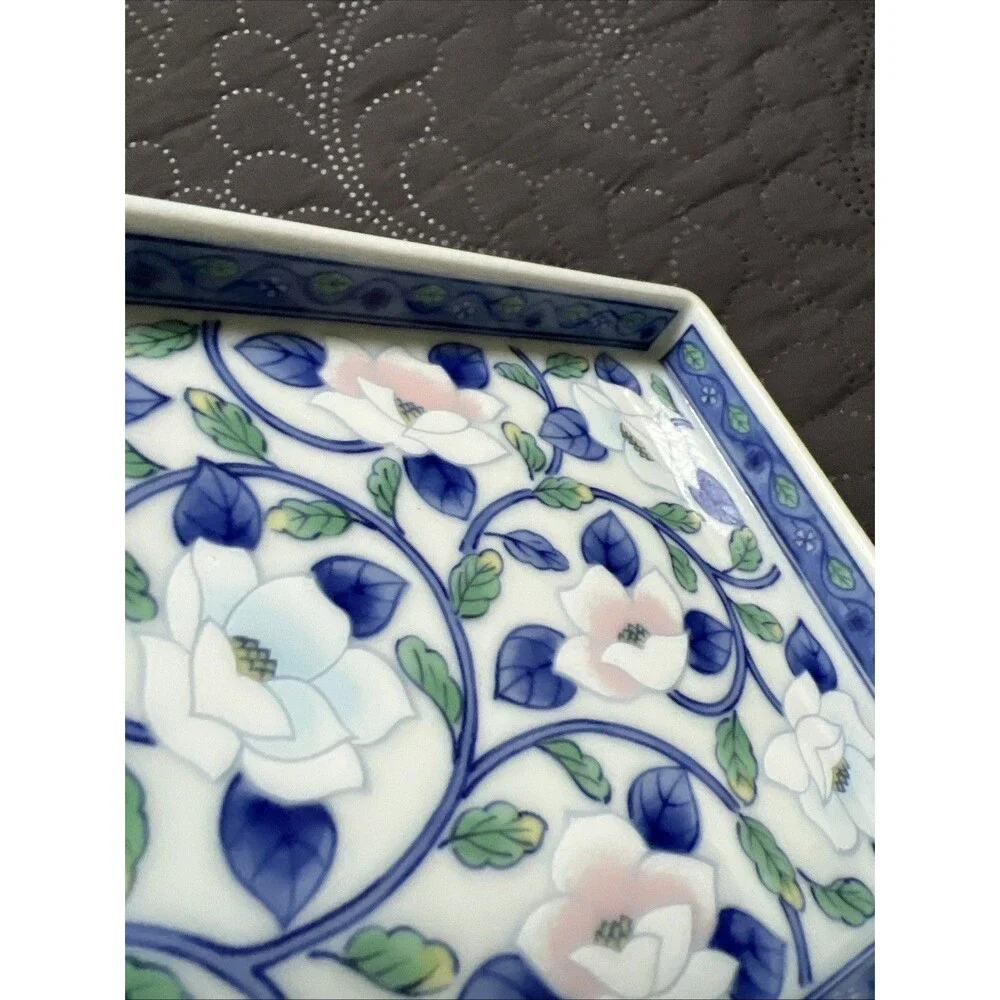 VTG Japanese Porcelain Rectangular Tray Lotus Floral Pink Blue Design Trinket
